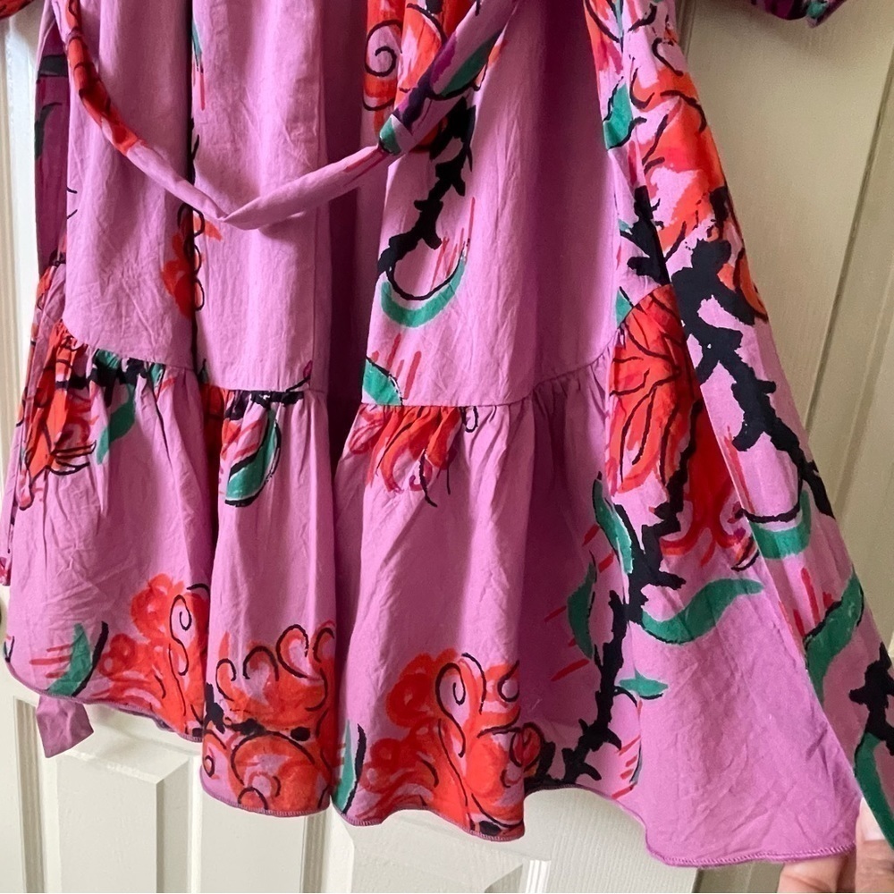 Ro’s Garden Vera Pink Floral Puff Sleeve Mini Dress Tie Waist Ruffle Hem Size M - Picture 7 of 16